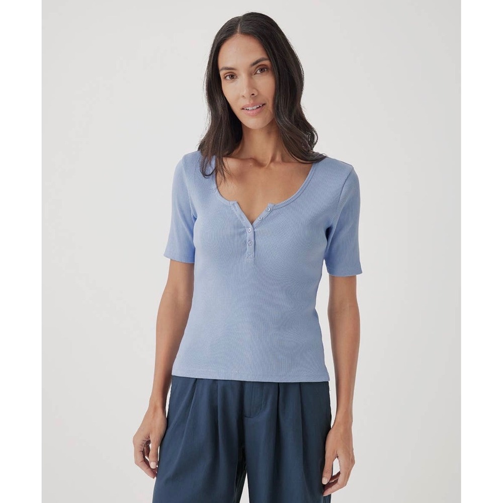 *NEW Pact Organic Cotton Ribbed Henley Short Sleeve Top Tee Baby Blue XL Ethical